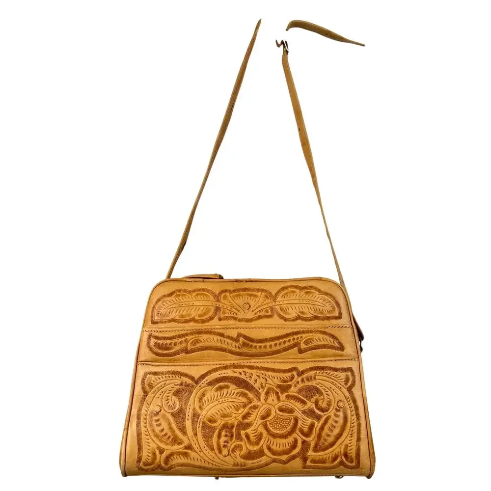 Vintage Tooled Embossed Floral Leather Western Style Shoulder Purse Bag